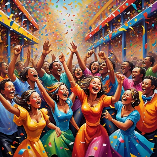 Prompt: Joyous celebration in a vibrant carnival, lively and colorful, oil painting, confetti-filled air, cheerful crowd, dynamic brushstrokes, high energy, festive atmosphere, vibrant colors, lively characters, dynamic composition, carnival art, oil painting, 4k, ultra-detailed, vibrant, dynamic brushstrokes, lively, festive, colorful, high energy, oil painting, dynamic composition