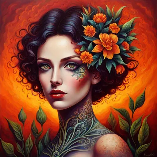 Prompt: Beautiful  hybrid woman with flowers sprouting from her, oil painting, detailed fiery eyes, ethereal glow, dark and mysterious, high quality, vibrant colors, surreal, haunting, intricate floral details, intense gaze, mystical atmosphere, oil painting, demon, hybrid, fiery eyes, ethereal, vibrant colors, surreal, haunting, floral details, intense gaze, mystical atmosphere