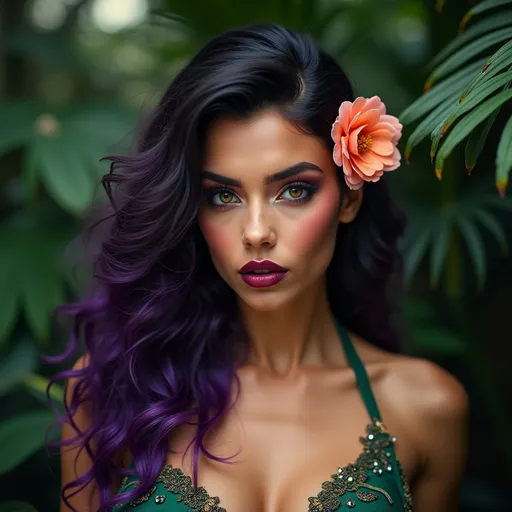 Prompt: Radiating beauty, a captivating figure gazes directly at the viewer, her features striking and meticulously adorned. Her lush, dark hair cascades in waves infused with vibrant purple, accented by delicate floral embellishments of soft pink and orange, which harmonize beautifully against a backdrop filled with rich, tropical foliage. Intensely colored green eyes, accentuated by bold burgundy eyeshadow, exude a fierce yet enchanting allure, while her richly pigmented deep purple lips add a dramatic touch that contrasts with her lightly freckled skin. Dressed in a luxurious emerald green garment, embellished with intricate patterns, she embodies a stunning blend of elegance and vitality, encapsulating an atmosphere that feels both exotic and vibrant. The combination of her expressive features and the lush surroundings conveys a powerful narrative of confidence and natural beauty, inviting viewers to explore the richness of the world she inhabits.