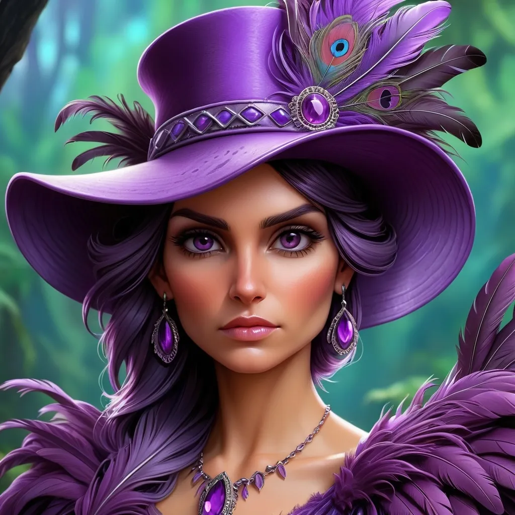 Prompt: a woman wearing a purple hat with feathers on it's head and a purple dress with a purple feathered dress, Anne Stokes, fantasy art, highly detailed digital painting, a detailed painting