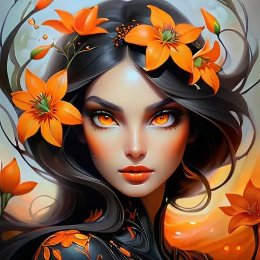 Prompt: Beautiful  hybrid woman with orange flowers sprouting from her, oil painting, detailed fiery eyes, ethereal glow, dark and mysterious, high quality, vibrant colors, surreal, haunting, intricate floral details, intense gaze, mystical atmosphere, oil painting, hybrid, fiery eyes, ethereal, vibrant colors, surreal, 