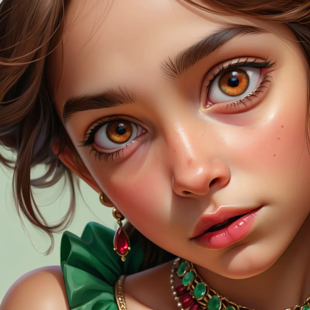 Prompt: Detailed realistic digital portrait of a young girl, brown eyes, ruby and emerald jewelry