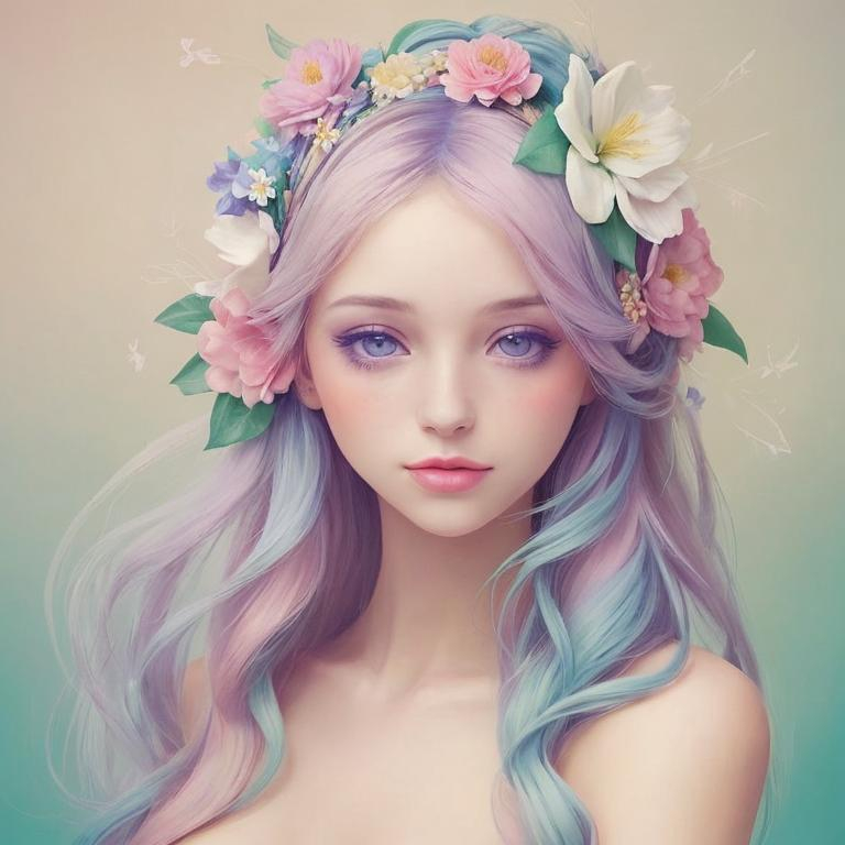 Prompt: Beautiful creation, woman with flowers in her hair, pastel colors