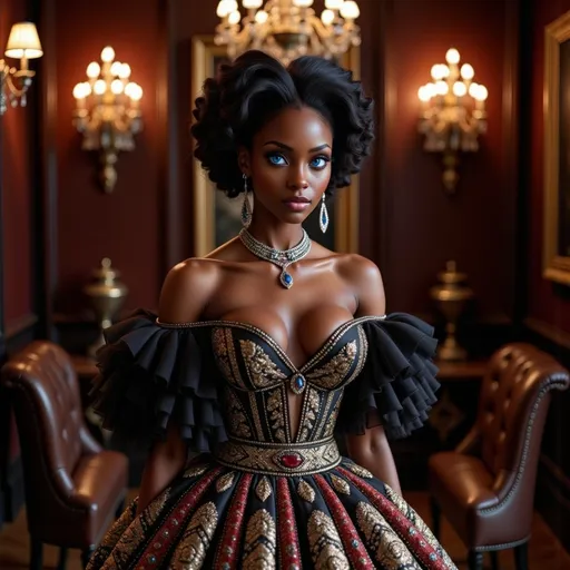 Prompt: Draped in an opulent gown that combines intricate gold and red embroidery with striking black and white elements, a stunning black woman exudes elegance against a lavish backdrop. Her off-shoulder dress features dramatic ruffled sleeves that enhance her poised, regal demeanor, while her hair is styled into a glamorous updo complimented by intricate jewelry, including chandelier earrings and a statement necklace. The scene, set in an elegantly decorated room with rich, dark walls and softly glowing chandeliers, evokes a sense of classic luxury and sophistication. The composition draws focus to her confident expression and the intricate detailing of her attire, suggesting a narrative of beauty and high fashion amidst a divine historical ambiance. A rich color scheme accentuates the opulence of the setting, blending warmth with dramatic contrasts that enhance the overall visual impact.