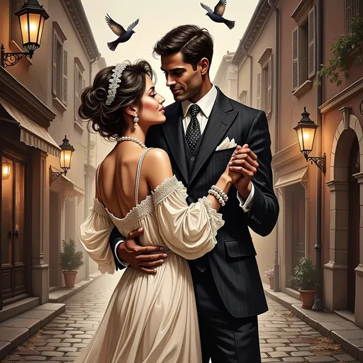 Prompt: This is a digital illustration in a vintage, sepia-toned style depicting a romantic scene between a couple dancing in a narrow, cobblestone street at night. The woman, with fair skin and dark, wavy hair adorned with a delicate, sparkling headpiece, is dressed in an elegant, off-the-shoulder, cream-colored dress with intricate lace patterns and white, fluffy shoulder accents. She wears a pearl necklace and matching bracelet, adding to her classic, glamorous look. Her eyes are closed, and she has a serene, content expression as she leans slightly towards the man.
The man, with dark brown skin and short, neatly combed hair, is wearing a dark, pinstriped suit with a white dress shirt and a polka-dotted tie. He has a gentle smile and his eyes are focused on the woman. His right hand is placed on her lower back, while his left hand holds her right hand, guiding her in the dance.
The background features tall, narrow buildings with windows and street lamps, creating a nostalgic, European street ambiance. Birds are flying in the sky above, adding a sense of movement and liveliness to the scene. The overall composition evokes a sense of timeless romance and elegance.