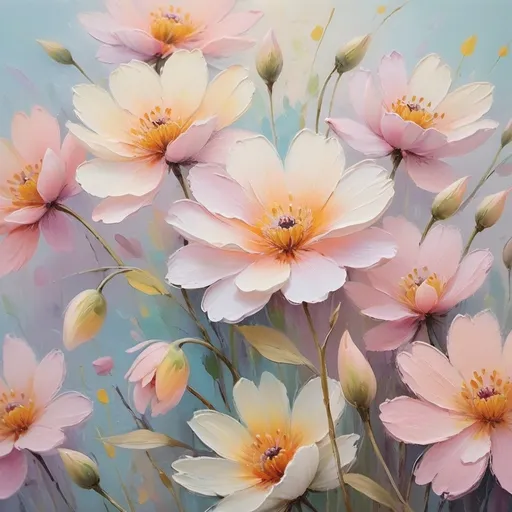 Prompt: <mymodel> Pastel-themed painting of flowers, oil painting, soft brush strokes, delicate petals, vibrant pastel colors, high quality, impressionism, soft color palette, natural lighting