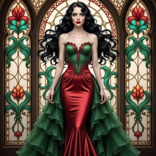 Prompt: Bathed in the ethereal glow of stained glass, a striking figure stands poised against a backdrop of intricate floral designs, her long, dark hair cascading elegantly over her shoulders. Dressed in a captivating gown that harmonizes vivid shades of red and green, the dress hugs her form before flowing gracefully into a layered cascade, accentuated by delicate seams that mirror the natural motifs in the windows behind her. The light filtering through the glass creates a rainbow of colors on the floor, enhancing the mystical ambiance of the scene. With an expression that conveys both confidence and serenity, she becomes a central figure in this enchanting tableau, evoking a sense of timeless beauty and grace framed by the artistry of her surroundings. The entire composition radiates a harmonious fusion of elegance and artistry, as if drawn from a fairy tale.