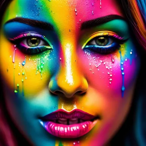 Prompt: Facial closeup of a female face, rainbow paint dripping, vibrant colors, high-definition, detailed, digital painting, close-up, colorful, expressive, rainbow paint drips, intense gaze, professional, vibrant, artistic, surreal, vivid colors, detailed facial features, digital art, high quality