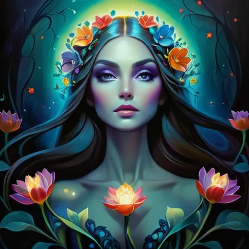 Prompt: Beautiful  hybrid woman with flowers sprouting from her, oil painting, ethereal glow, dark and mysterious, high quality, vibrant colors, surreal, haunting, intricate floral details, intense gaze, mystical atmosphere, oil painting,  ethereal, vibrant colors, surreal, haunting, floral details, intense gaze, mystical atmosphere