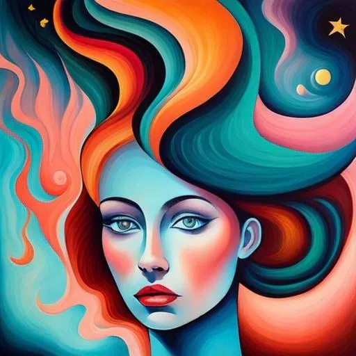 Prompt: Surreal portrait of beautiful female, cosmic landscape background, acrylic on canvas in style of post modernism 
