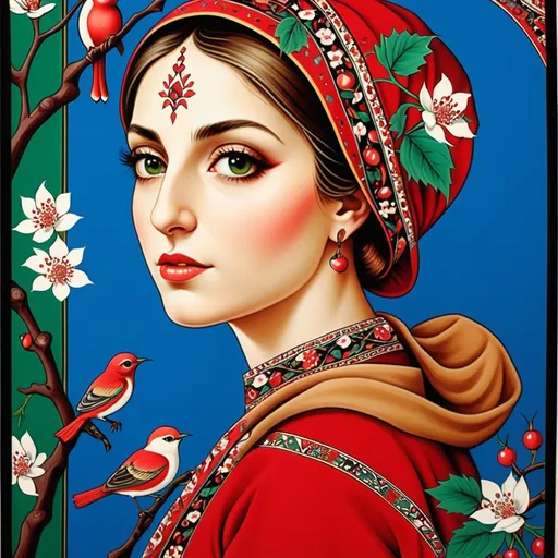 Prompt: A colorful design in the dimensions of 140centimeteres by 140 centimeters. It's main theme is red and white. There are pomegranates and cherry blossoms. with some green leaves and branches. It has some birds. Traditional Iranian style