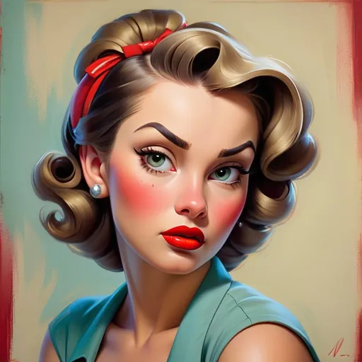 Prompt: Pin-up portrait, classic oil painting, vibrant and retro colors, vintage hairstyle, red lipstick,detailed facial features, traditional art technique, high quality, classical, vibrant colors,  classic style, detailed brushwork, professional lighting