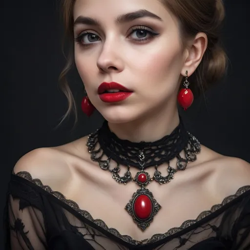 Prompt: a woman with a necklace and earrings on her neck and a red lip and a black dress on her chest, Elina Karimova, gothic art, portrait photography, a character portrait