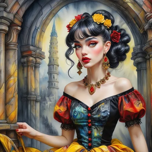 Prompt: <mymodel> beautiful woman, hair pinned up, yellow red black dress, earrings, Watercolor, trending on artstation, sharp focus, studio photo, intricate details, highly detailed, by  Josephine Wall and Jasmine Becket-Griffith