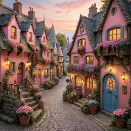 Prompt: Nestled in a whimsical village, charming pastel-colored houses with rounded roofs and intricate details hug a winding cobblestone path, inviting exploration. The vibrant architecture showcases shades of pink, blue, and orange, with intricate flower boxes brimming with blooms adorning many windows, adding to the scene's fairy-tale allure. A soft, golden light bathes the landscape as the sun sets, casting gentle shadows that enhance the enchanting atmosphere. Each house's unique design and the lush greenery peeking through evoke a sense of warmth and community, creating a serene yet lively narrative reminiscent of a storybook dream. Fluffy clouds tinged with pink and orange frame the sky, completing this idyllic tableau.