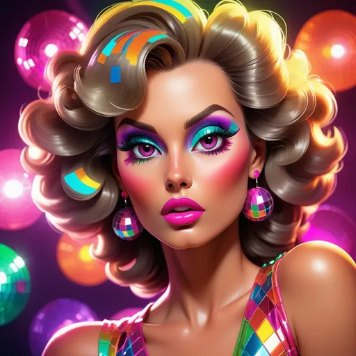 Prompt: Cartoon-style closeup of an 80s disco lady, vibrant and lively, glossy lips, bright eyeshadow, exaggerated lashes, retro hairstyle, disco ball reflection in eyes, neon colors, vibrant disco atmosphere, high quality, cartoon, 80s, disco, lively colors, retro, exaggerated features, glossy lips, bright eyeshadow, retro hairstyle, disco ball reflection, neon colors, vibrant atmosphere