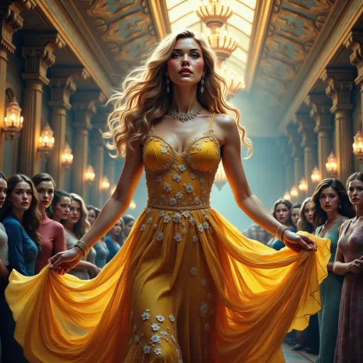 Prompt: A striking scene unfolds in an opulent, softly lit hall adorned with intricate golden decor, where a central figure captivates attention in a vibrant, floral-patterned yellow gown that cascades around her like rippling sunlight. Her expression is confident and serene, with flowing hair framing her face and exquisite jewelry enhancing her allure. Surrounding her is a diverse group of onlookers, their expressions a mix of admiration and curiosity, creating a sense of anticipation and collective moment. The warm hues of the dress contrast beautifully against the cooler tones of the room, emphasizing the figure's commanding presence while evoking a mood of theatrical elegance and celebration. This composition conveys a narrative of beauty and empowerment, highlighting the interplay between the individual and the collective gaze of the audience.
