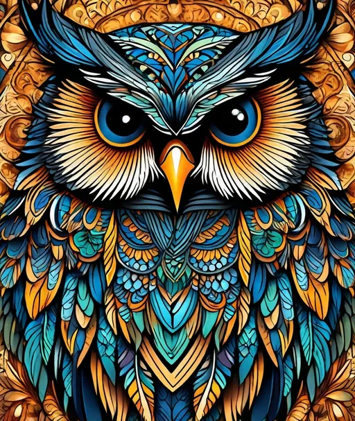 Prompt: (up-close hyper realistic owl), intricate fractal zentangle patterns, vibrant colors, a fusion of medieval and grunge styles, rich textures, magical ambiance, ethereal lighting, detailed feathers, mesmerizing eyes, enchanting atmosphere, artistic masterpiece, ultra-detailed, harmonious color palette, enchanting contrast, organic shapes, captivating artistry, complex designs.