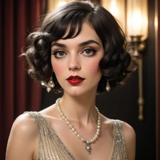 Prompt: Bathed in soft, warm lighting, a woman exudes timeless elegance with her vintage 1920s glamour. Her glossy, bobbed black hair frames her face in tight, luxurious curls, while delicate pearl accessories accentuate her chic look. With striking large eyes, rosy cheeks, and bold red lips, her expression is captivating yet stoic, evoking both confidence and sophistication. Dressed in a sleeveless, intricately beaded gown adorned with floral details, she stands against a backdrop of rich crimson drapes, enhancing the overall sense of opulence in the scene. The interplay of light and shadow sets a moody, glamorous tone, suggesting an air of mystery befitting a bygone era.