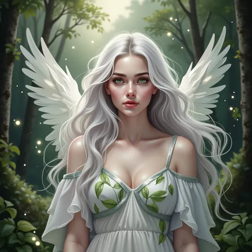 Prompt: This is a digital fantasy artwork depicting a beautiful, ethereal angelic woman standing in a lush, green forest. The woman has long, flowing, white hair that cascades in soft waves down her back and shoulders. Her skin is fair and flawless, with a delicate, almost luminescent quality. She has striking, large green eyes that glow with an otherworldly light. Her facial features are soft and symmetrical, with a small, slightly upturned nose and full, pink lips.

She wears a white, off-the-shoulder dress that is intricately designed with green and silver patterns that resemble leaves and viines. Her shoulders and upper chest are bare, adding to the ethereal and vulnerable appearance.

Large, white angel wings are visible behind her, extending from her back and blending into the soft, green forest background. The forest is dense with tall trees and sunlight filtering through the leaves, creating a serene, mystical atmosphere. Small, glowing particles float around her, adding to the magical feel of the scene. The overall style of the artwork is highly detailed and realistic, with a focus on fantasy and beauty.
