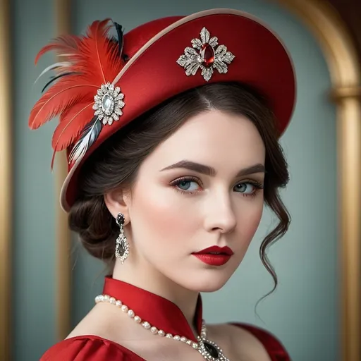 Prompt: <mymodel>fashionable 1st class  female passenger on the Titanic, pale skin, dark styled hair, large lips,  looking sad, facial closeup, vibrant colors, red dress and elaborate hat with feathers
