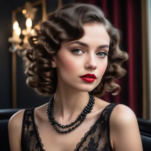 Prompt: In a chic, upscale setting reminiscent of vintage glamour, a striking young woman with elegantly styled, soft curls gazes thoughtfully to the side, accentuating her flawless complexion and bold red lips. Adorned in a sheer black lace dress that delicately frames her silhouette, she wears a luxurious triple-strand pearl necklace that adds a touch of sophistication. The warm, golden light from nearby wall sconces and a grand chandelier casts soft reflections, enhancing the intimate atmosphere of the elegantly decorated space, which features classic architecture and a glimpse of greenery outside. This moment captures a blend of poise and allure, evoking a sense of timeless beauty and refined grace, as if she embodies the essence of a bygone era.