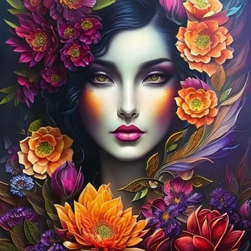 Prompt: Beautiful  hybrid woman with flowers sprouting from her, oil painting, detailed fiery eyes, ethereal glow, dark and mysterious, high quality, vibrant colors, surreal, haunting, intricate floral details, intense gaze, mystical atmosphere, oil painting, demon, hybrid, fiery eyes, ethereal, vibrant colors, surreal, haunting, floral details, intense gaze, mystical atmosphere