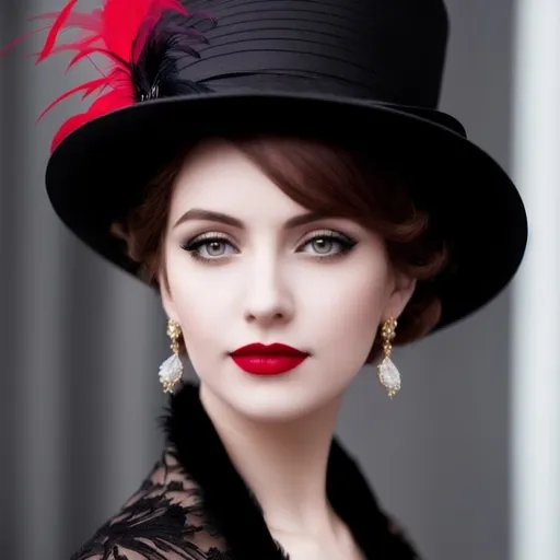 Prompt: <mymodel>fashionable 1st class  female passenger on the Titanic, pale skin, dark styled hair, large lips,  looking sad, facial closeup, vibrant colors, red dress and elaborate hat with feathers
