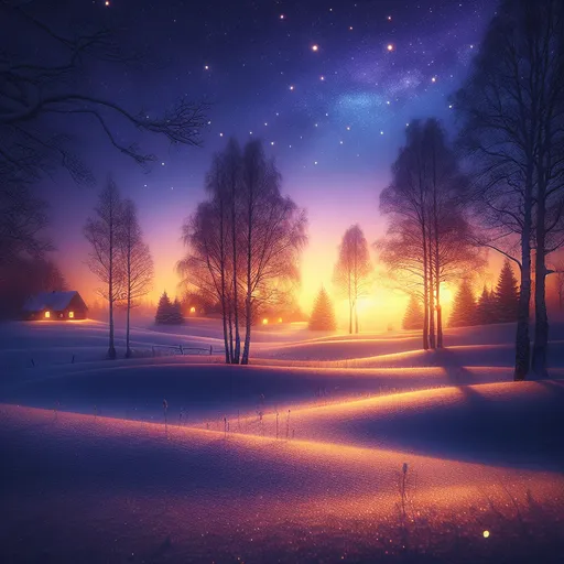 Prompt: (winter scene at dusk), tranquil atmosphere, softly falling snowflakes, warm glow from distant windows, bare trees silhouetted against a twilight sky, shades of deep blue and purple blending with soft orange hues, serene ambiance, ultra-detailed, cozy feel, calm and peaceful, high-resolution, enchanting winter landscape, gentle light illuminating the snow-covered ground.