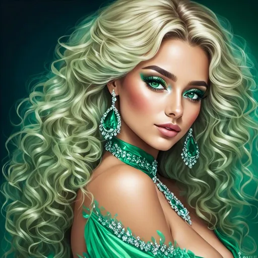 Prompt: <mymodel>Detailed illustration of a woman in vibrant green attire, large vivid green eyes, elegant makeup, digital painting, high resolution, realistic style, vibrant green, professional lighting