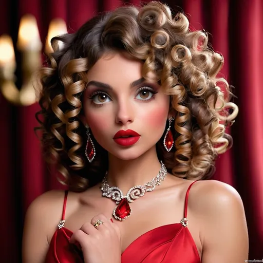 Prompt: <mymodel>woman with curly hair, red lips,  Red dress, wearing ruby jewelry, facial closeup
