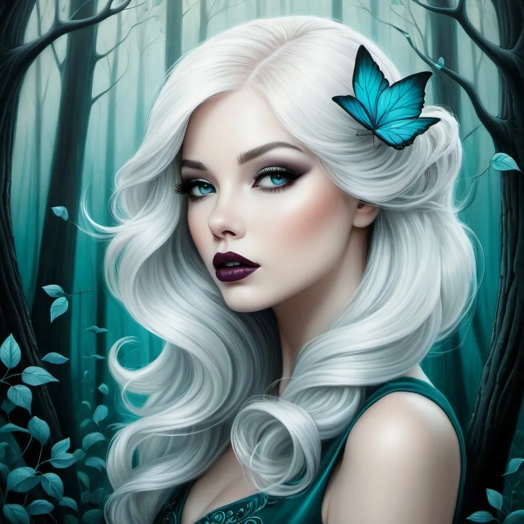 Prompt: The beautiful young lady with blowing platinum hair illustration art by Lori Earley, Daria Endresen, Tristan Eaton. Whimsical forest background, Extremely detailed, intricate, beautiful. 
