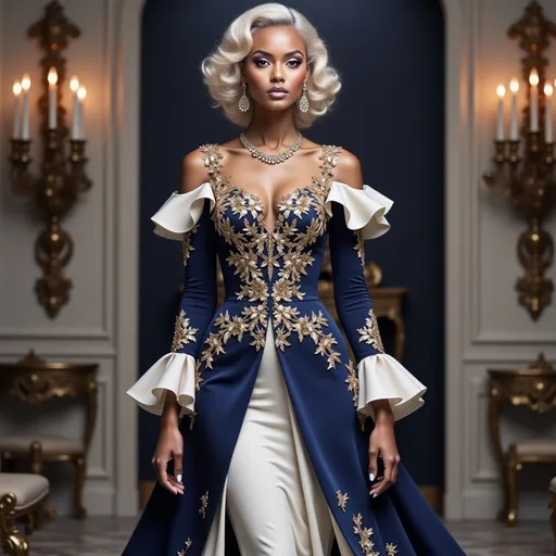 Prompt: In an opulent setting illuminated by flickering candlelight, a striking woman commands attention, adorned in a lavish gown featuring rich navy and ivory hues, intricately embellished with gold embroidery that cascades down her form. Her elegant cold-shoulder dress, complete with lavish ruffled sleeves, accentuates her poised posture, while her dramatic makeup and wavy platinum hair frame her face, adding to her regal allure. The room around her, tastefully decorated with ornate sconces and classical furnishings, creates a sophisticated backdrop that enhances the grandeur of her appearance. The soft glow and refined detailing evoke a sense of timeless elegance, suggesting a story steeped in romance and aristocracy.