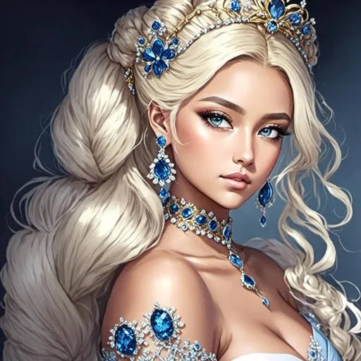 Prompt: <mymodel>A beautiful woman, white hair, blue eyes, blue eyeshadow, blue jewels o