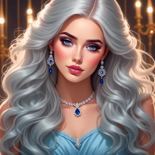 Prompt: <mymodel>a Sapphire lady, feminine elegant princess ,  dark hair, large blue eyes, wearing jewls in her hair,  beautiful makeup, blue eyeshadow, dark pink lipstick, facial closeup