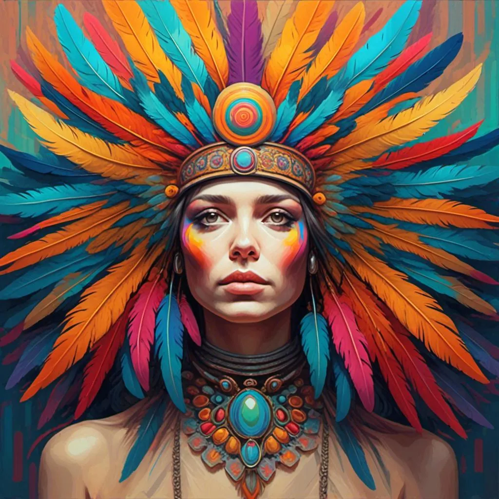 Prompt: <mymodel> a painting of a woman wearing a colorful hat with feathers on it's head and a necklace on her neck, Alejandro Burdisio, psychedelic art, highly detailed digital painting, an airbrush painting