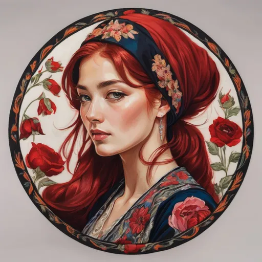 Prompt: a painting of a woman with red hair and a red head scarf with flowers on it, in a circle, Elina Karimova, qajar art, art nouveau fashion embroidered, a silk screen