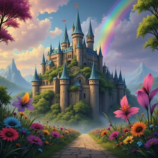 Prompt:  a castle surrounded by flowers and trees with a rainbow in the back, Anne Stokes, fantasy art, kinkade, a detailed matte painting