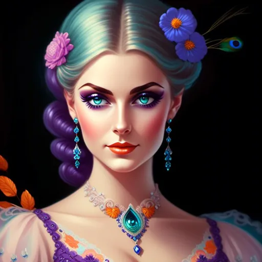 Prompt: <mymodel>dynamic composition of a pale skinned woman with hair of flowers and peacock plummage  of aqua, orange and purplepurple, ornate details,lacey clothes, facial closeup