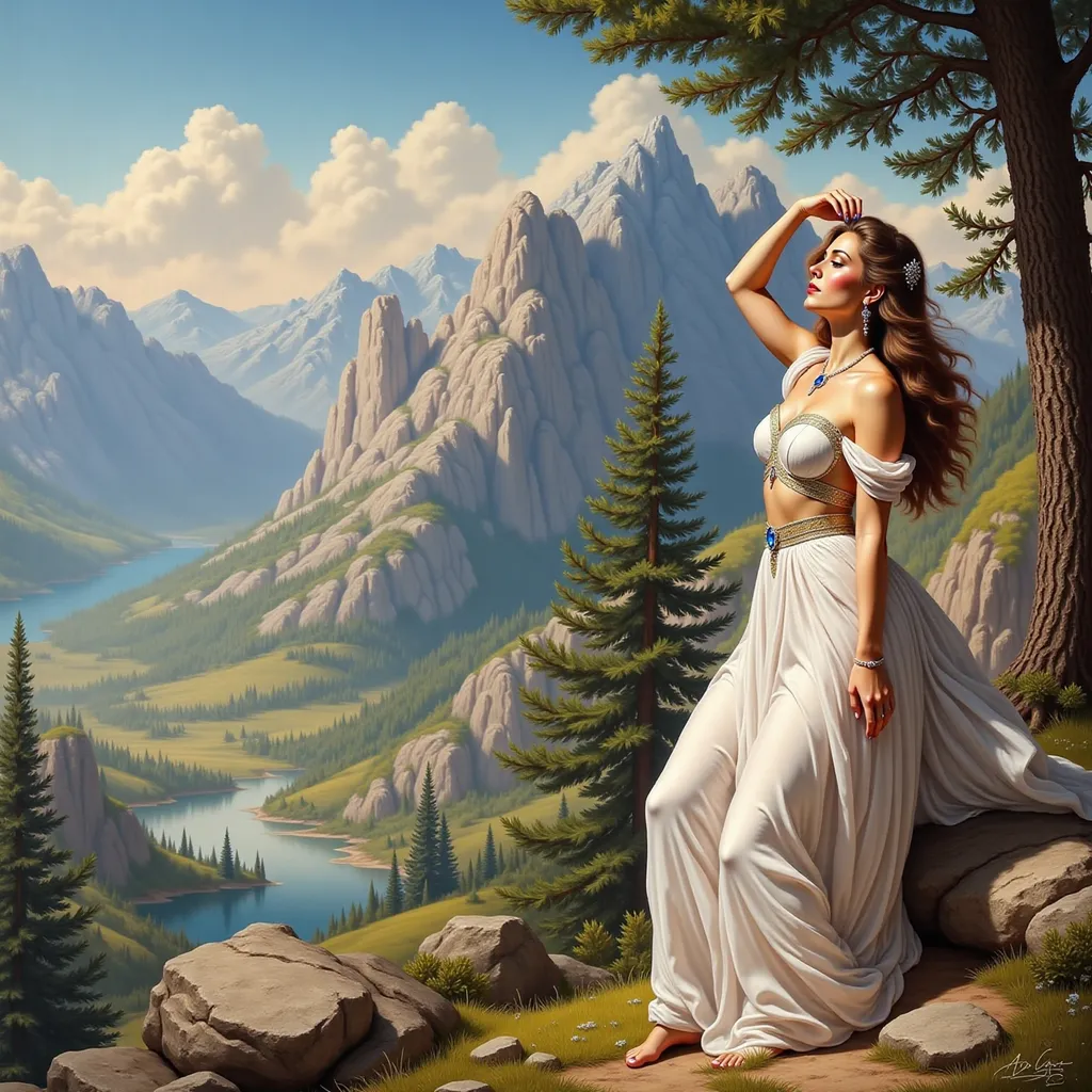 Prompt: a painting of a woman with a pine tree in the background and a mountain in the background, Charlie Bowater, fantasy art, stanley artgerm lau, a detailed painting