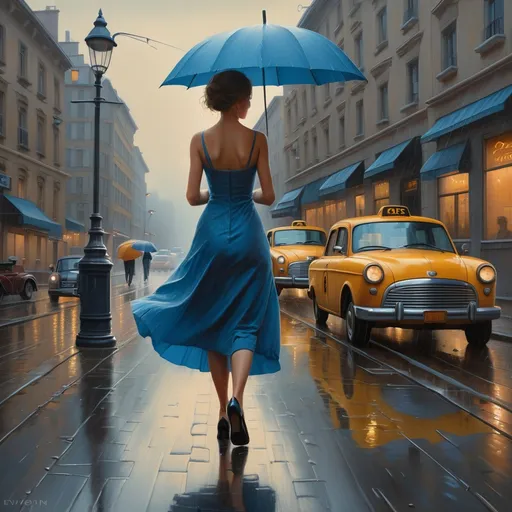 Prompt: a woman in a blue dress is walking down the street with an umbrella in the rain, with a car and a taxi in the background, Evgeny Lushpin, figurative art, highly detailed oil painting, a photorealistic painting