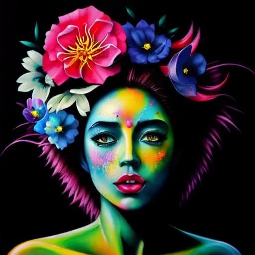 Prompt: Flower Siren graffiti art, splash art, street art, spray paint, oil gouache melting, acrylic, high contrast, colorful polychromatic, ultra detailed, ultra quality, CGSociety