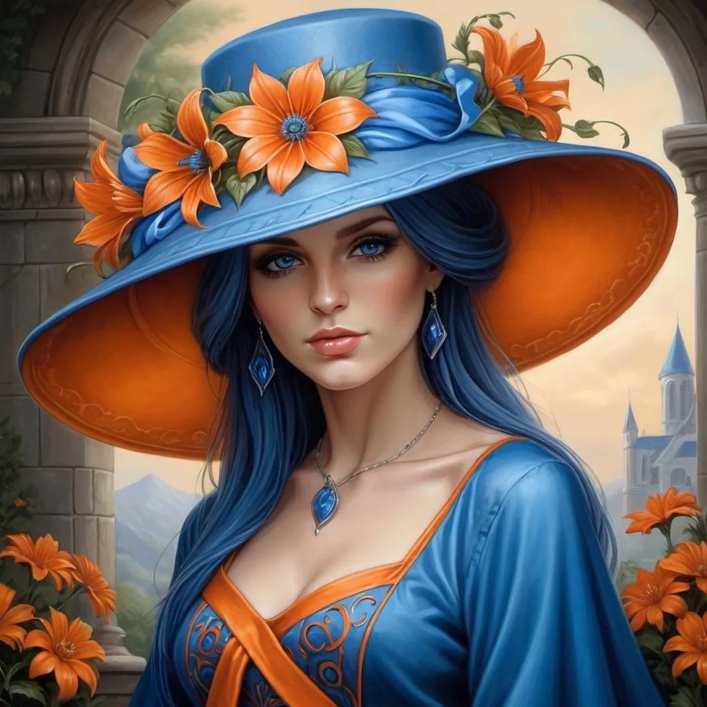 Prompt: a woman wearing a blue hat with  orange flowers on it's head and a blue dress with a orange  sash, Anne Stokes, fantasy art,, a detailed painting