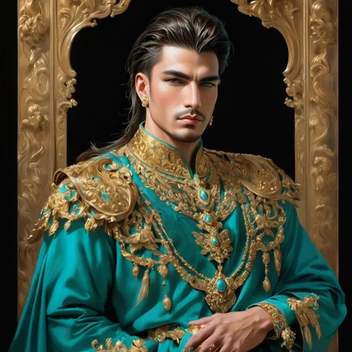 Prompt: <mymodel>man adorned in gold and turquoise, oil painting, regal and powerful stance, intricate gold detailing, intense and confident expression, luxurious and royal attire, high quality, oil painting, regal, powerful, teal and gold tones, intricate details, intense expression, luxurious attire, professional lighting