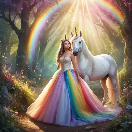 Prompt: (unicorn), (princess), vibrant colors, dazzling rainbow, whimsical atmosphere, enchanted forest backdrop, glimmering sunlight reflecting off the rainbow, elaborate gown on the princess, magical aura around the unicorn, dreamy overall vibe, ultra-detailed, captivating and cheerful scene; perfect for a storybook illustration.