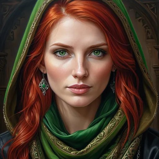 Prompt: a painting of a woman with red hair and green eyes, with a scarf around her neck and a hood on, Anne Stokes, gothic art, highly detailed digital painting, a photorealistic painting