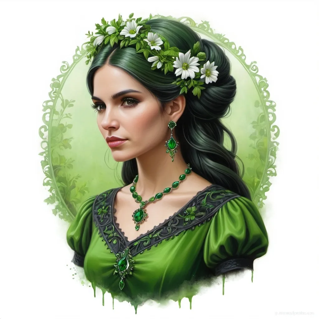 Prompt: a painting of a woman with flowers in her hair and a green dress with a green necklace and green earrings, Anne Stokes, gothic art, highly detailed digital painting, a detailed painting