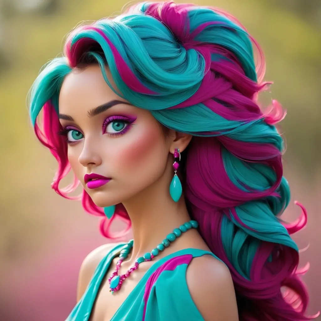 Prompt: A pretty lady, magenta and turquoise
