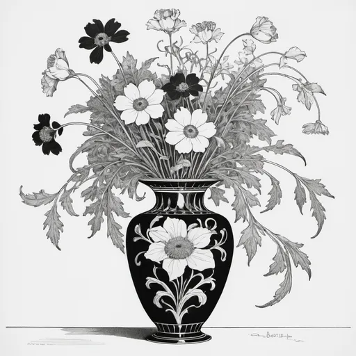 Prompt: a black and white drawing of a vase with flowers in it and leaves on the side of the vase, Aubrey Beardsley, modern european ink painting, intricate line drawings, a mid-nineteenth century engraving