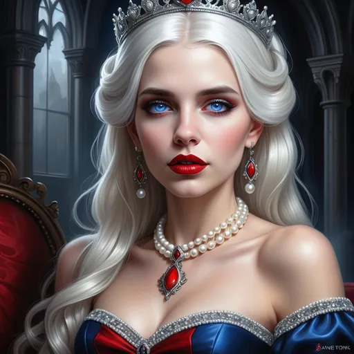 Prompt: a woman with  white hair, blue eyes, red lips, a tiara and pearls on her head and a red lip and a blue dress with a red and white collar, Anne Stokes, gothic art, highly detailed digital painting, a detailed painting